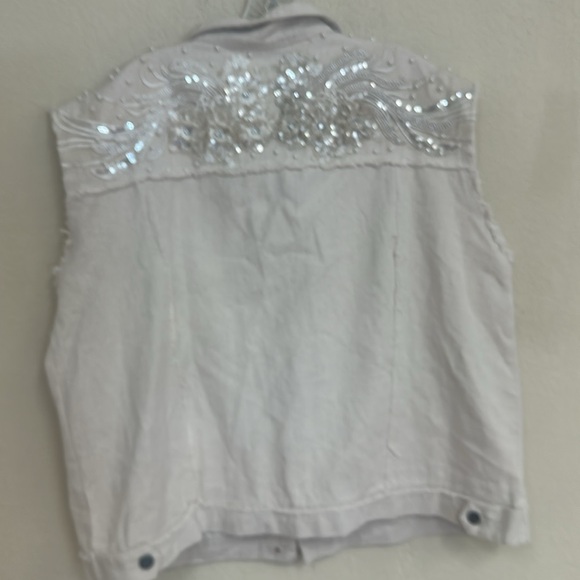 POL womans BOHO beaded & lace cream denim Vest size L - Picture 6 of 7